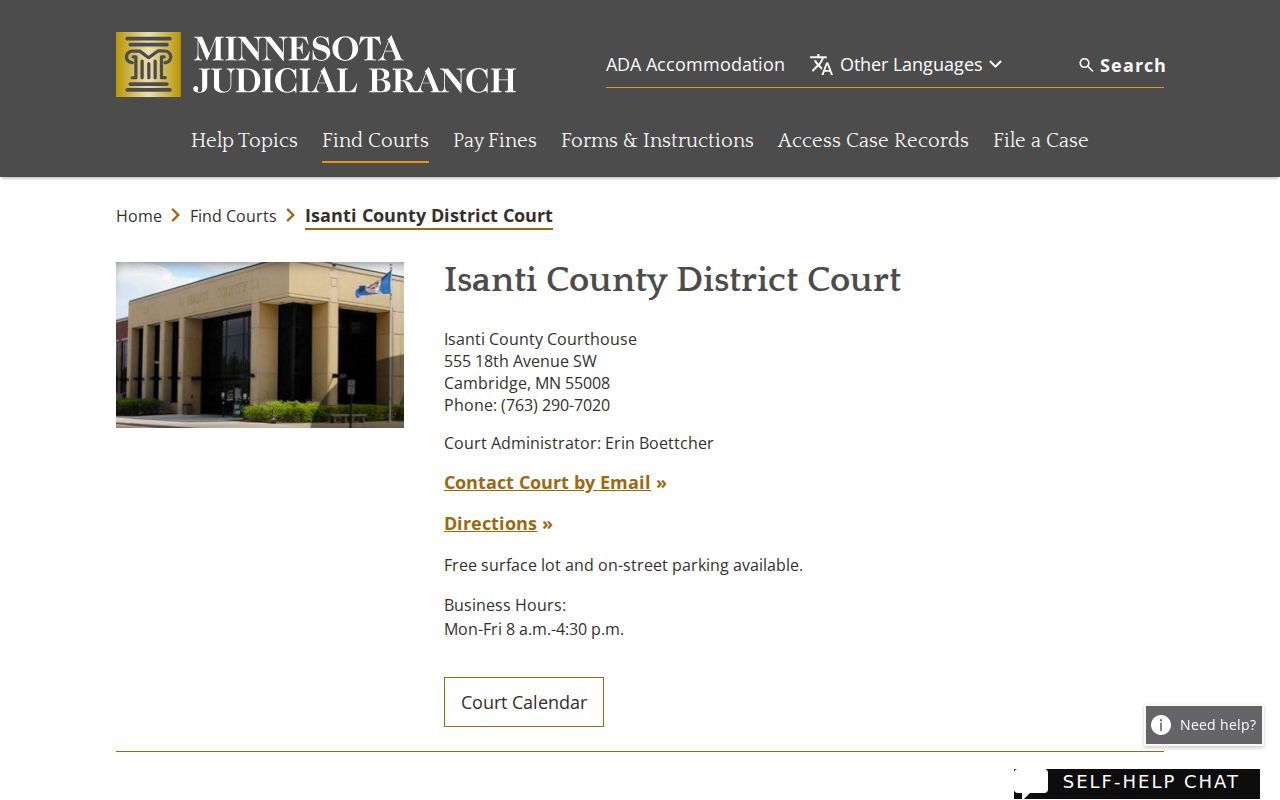 Isanti County warrant records research showing the District Court contact card, hours, and parking