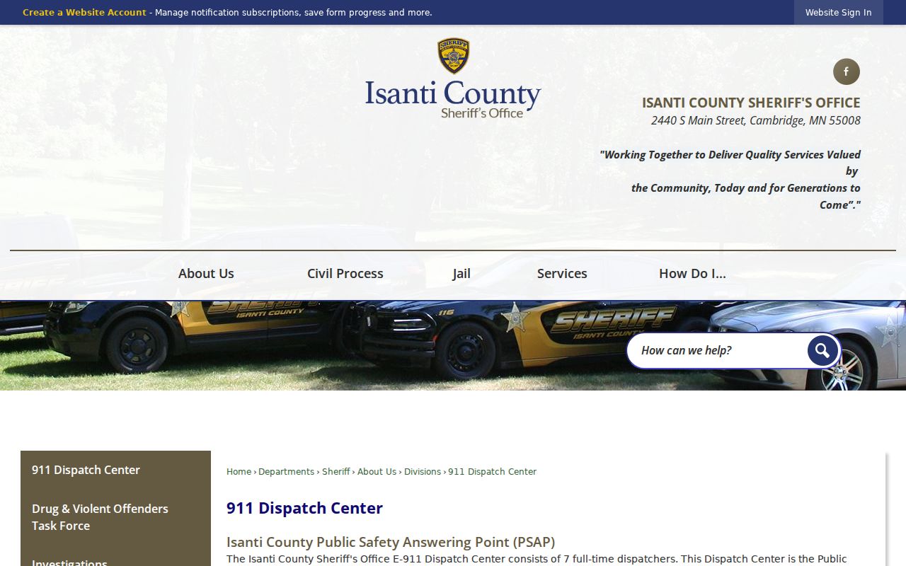 Isanti County warrant records research showing the dispatch center and 24-hour non-emergency service description