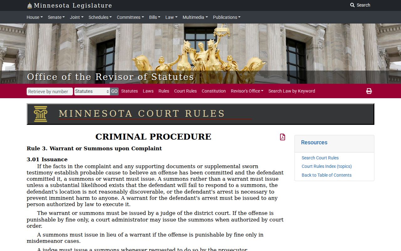 Isanti County warrant records research showing Minnesota Rule 3 on warrant issuance and contents