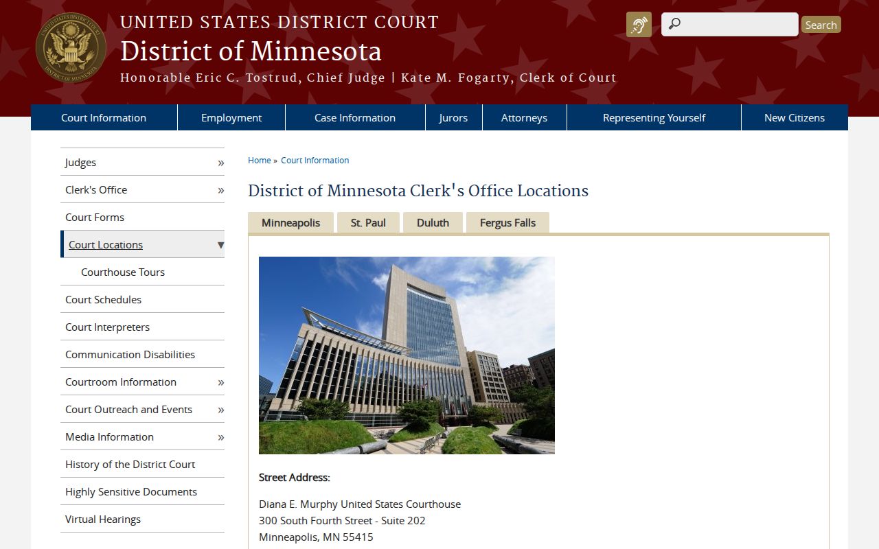 Isanti County warrant records research showing federal courthouse locations and clerk contact information