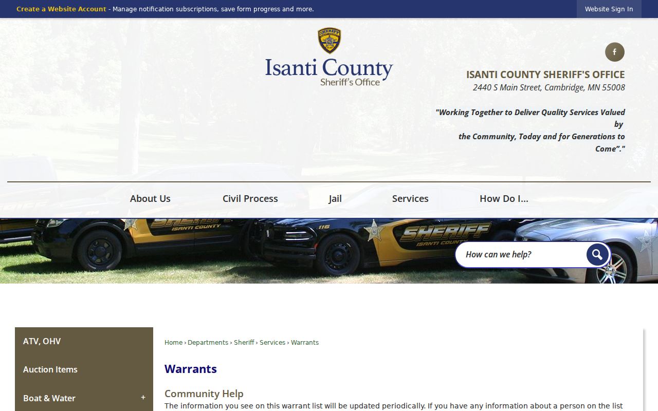 Isanti County warrant records landing page linking to the sheriff active warrant table