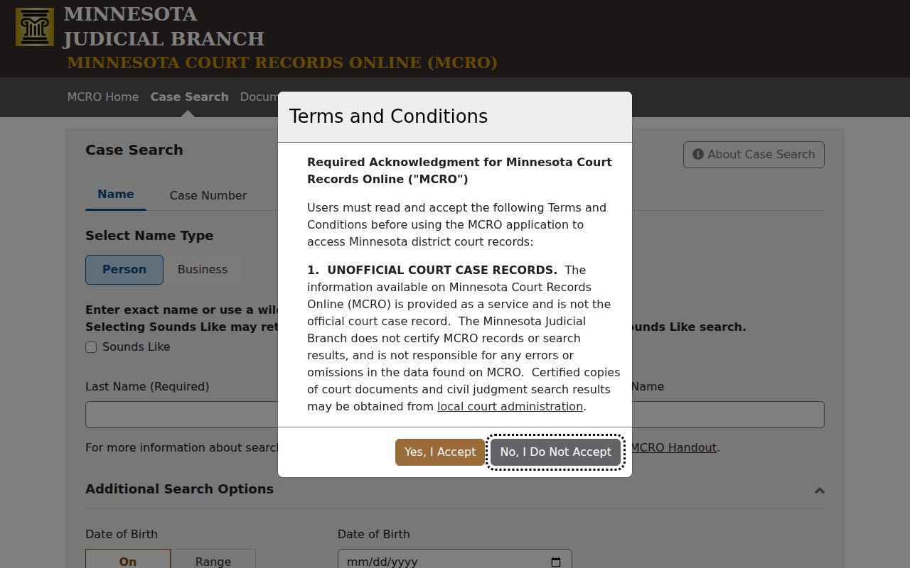 Isanti County warrant records research showing the Minnesota Court Records Online name and case search fields